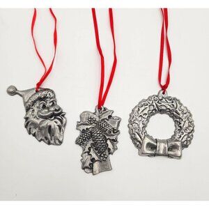 Vintage Pewter Christmas Ornaments Set Of 3 W/ Red Ribbon - Wreath Pinecone & Sa
